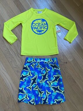 OP Neon Yellow Long-Sleeve Rash Guard with Blue Shark Print Swim Trunks